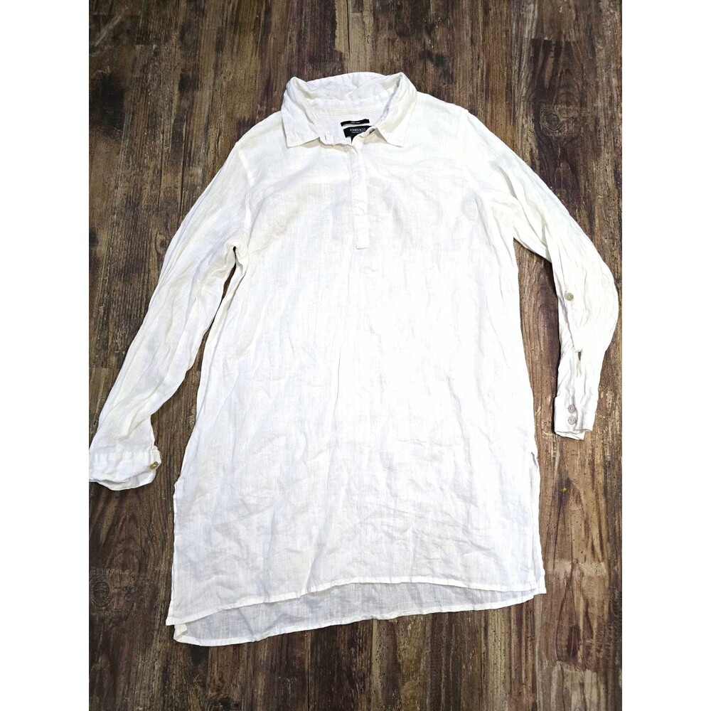 Jones & Co White 100% Linen Collared Long Sleeve Tunic Blouse Women's M